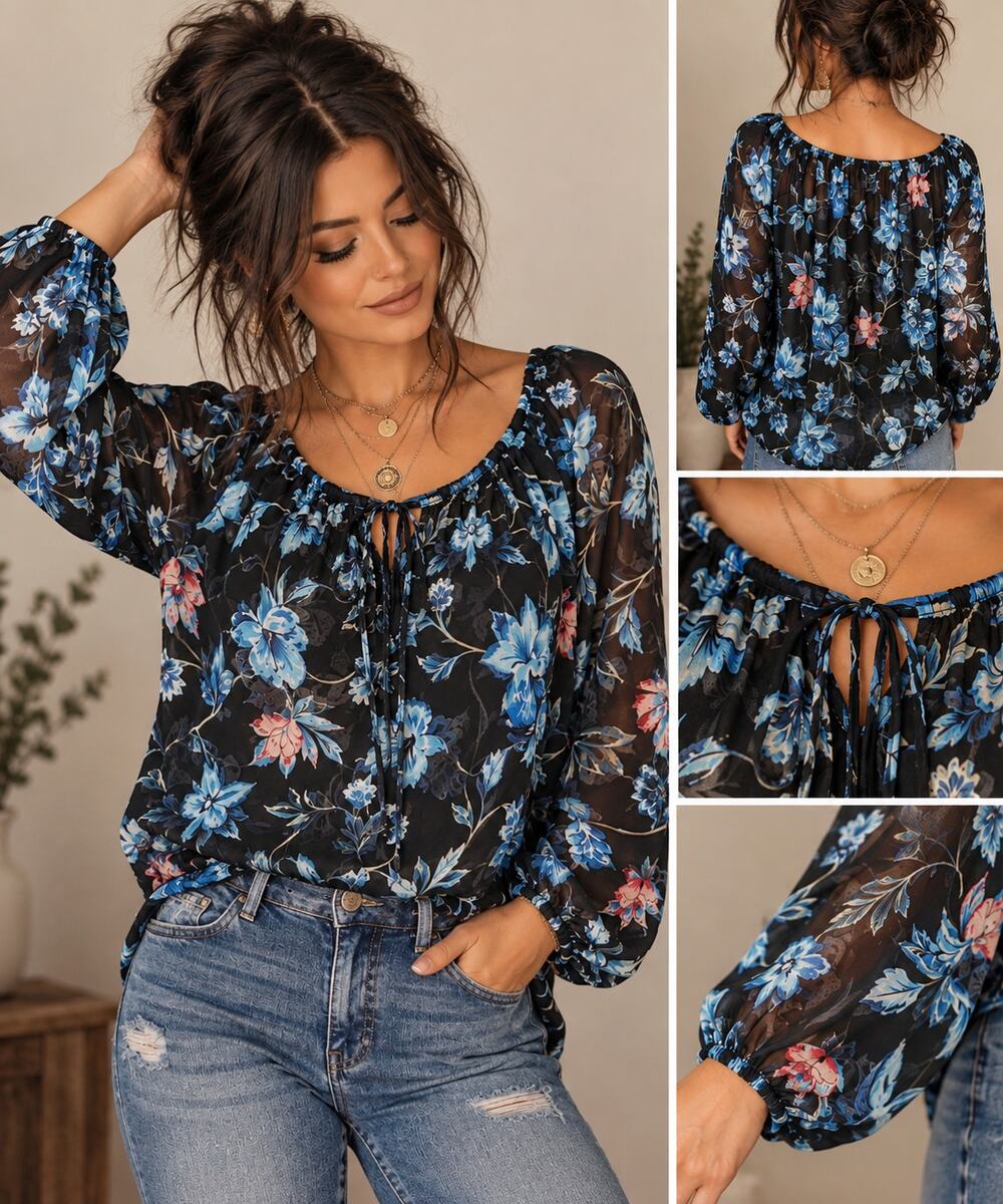 White House Black Market Size 14 Black Blue Floral Sheer Blouse Boho Romantic